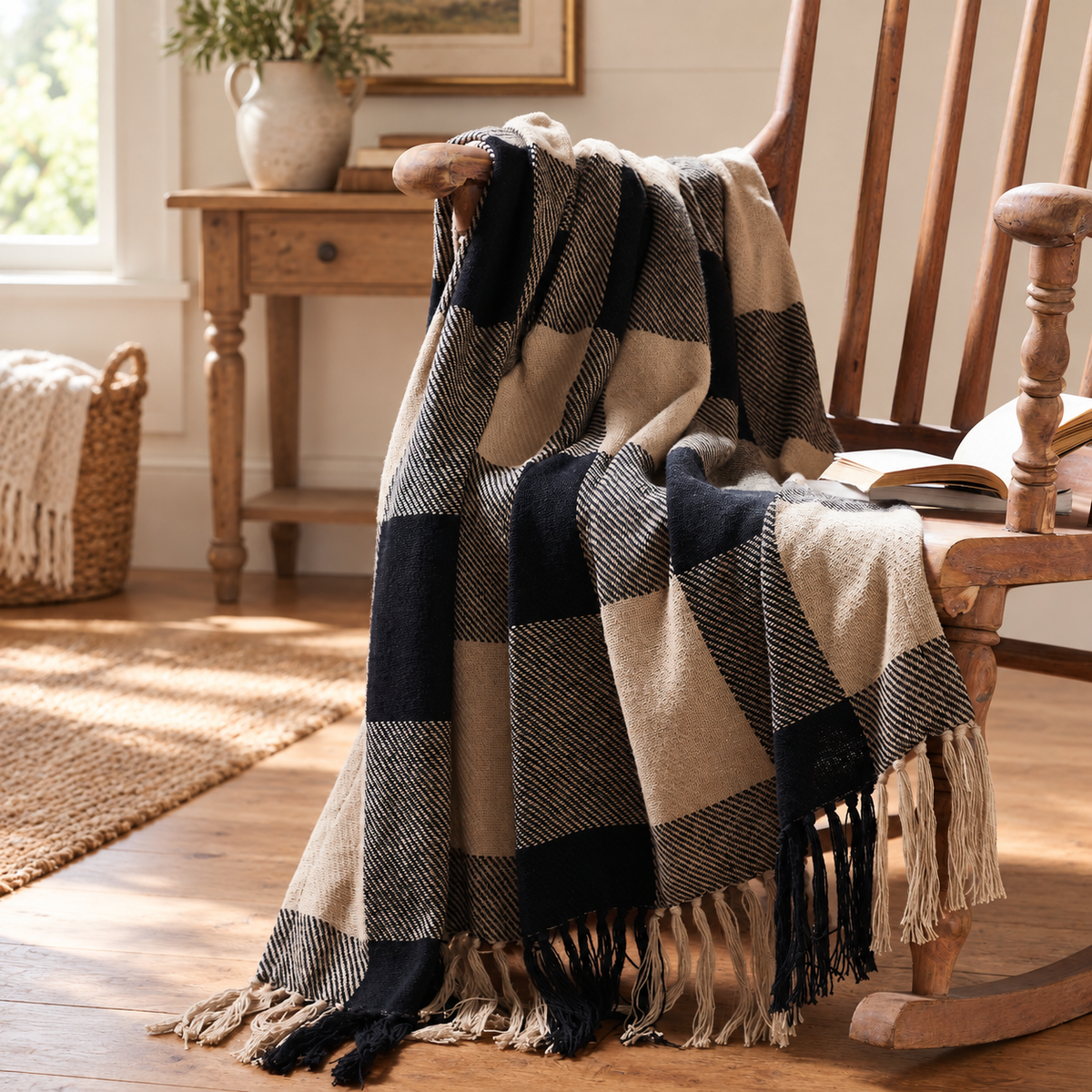 Black Tan Buffalo Check Woven Throw Blanket 50x60
