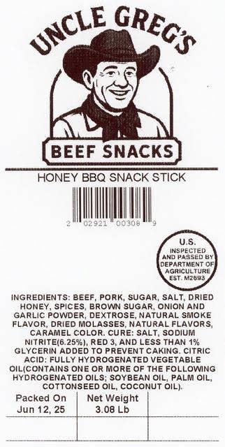 Uncle Greg's Honey BBQ Shelf Stable Snack Sticks