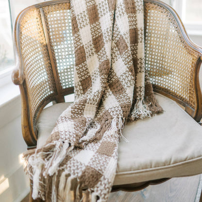 Cocoa Brown Heritage Check Throw Blanket with Fringe 50x60