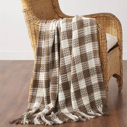 Cocoa Brown Heritage Check Throw Blanket with Fringe 50x60