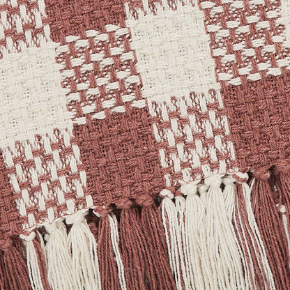 Dusty Rose Heritage Check Throw Blanket with Fringe 50x60
